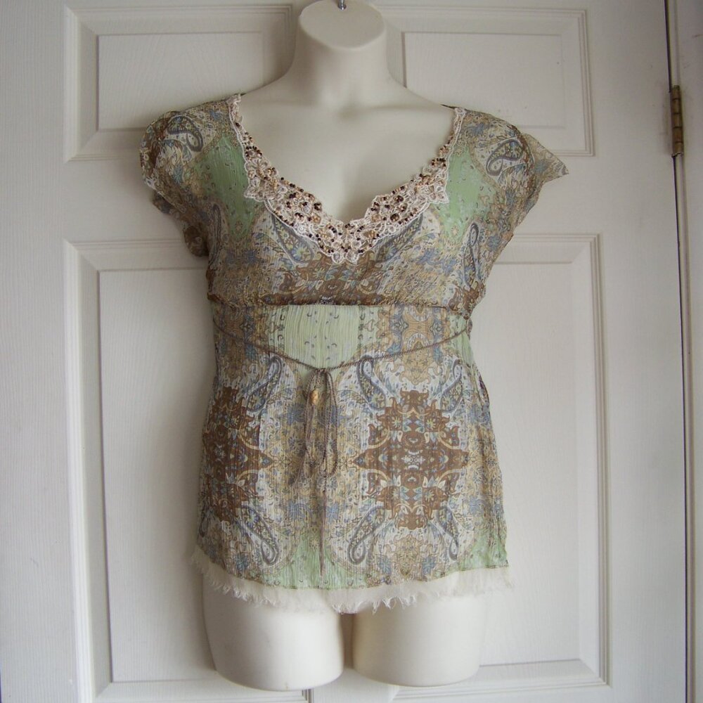 Elie Tahari Green Paisley Print Crinkled Silk Chi… - image 1